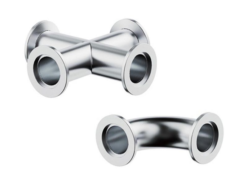 Two small flange fitting components for ultra high purity gas systems used in the semiconductor industry.