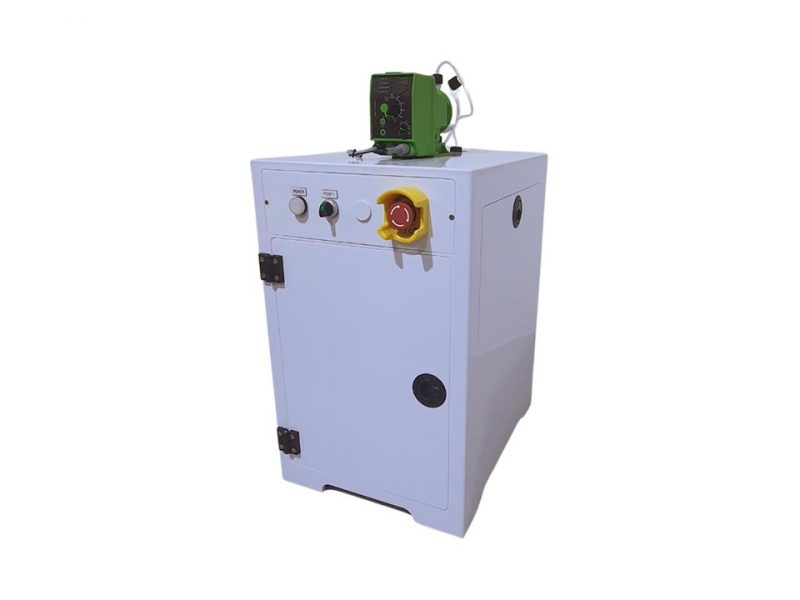 The left-side view of the HiSpec XA1 Injector from Millice. A compact, saw-side injector system designed for precise dosing of dicing fluid in wafer dicing applications.